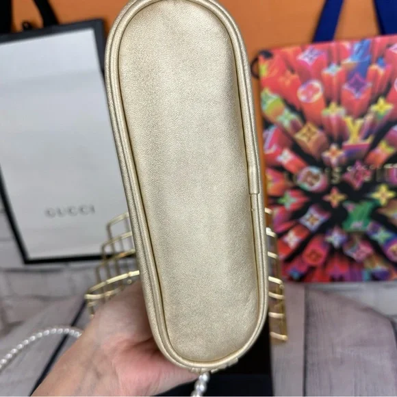 CHANEL gold metallic Crossbody pouch with bag charm and pearl chain - Picture 10 of 16